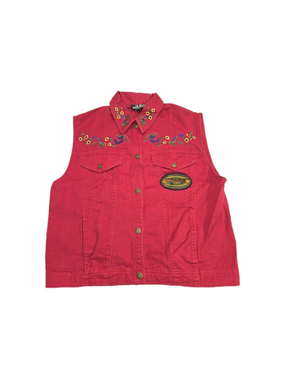 SK Wear Women's Sz L Embroidered 💯 cotton Vest Red Denim Floral Boho Cottage...